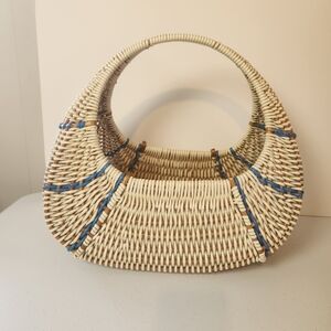 Vintage Gondola Wicker Basket Blue Beige Boho Bohemian Decor House Purse 70s